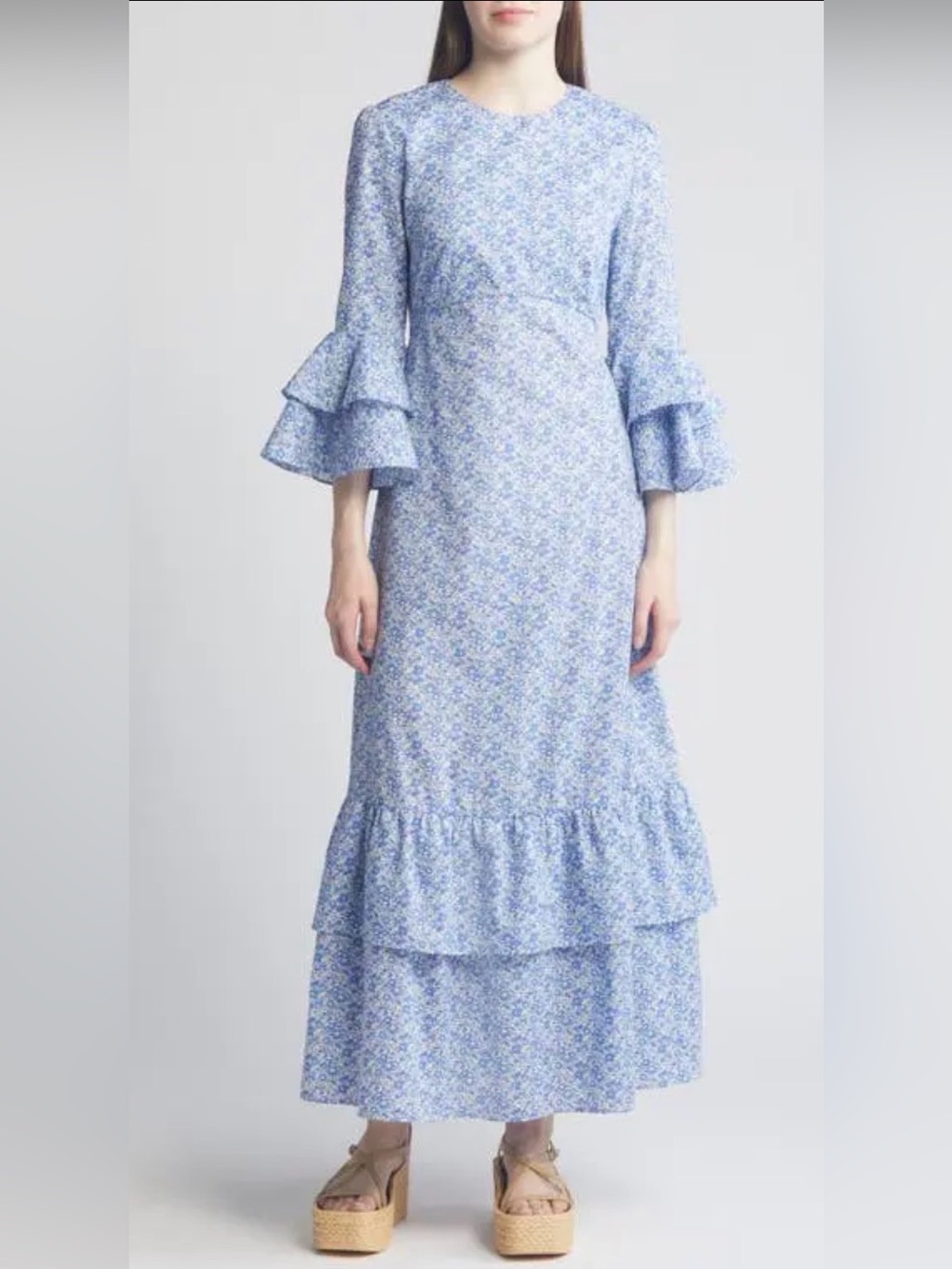 Liberty. gala Ruffle 3/4 sleeve floral tiered cotton maxi dress xl blue